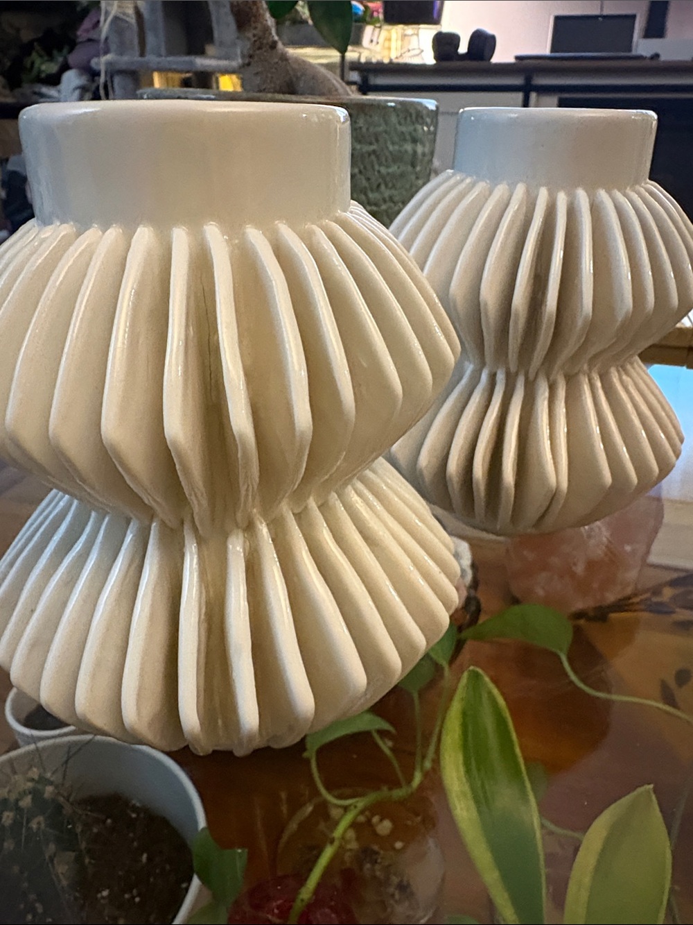 2 x white, pleated porcelain vase by Celia White. Art collectors dream